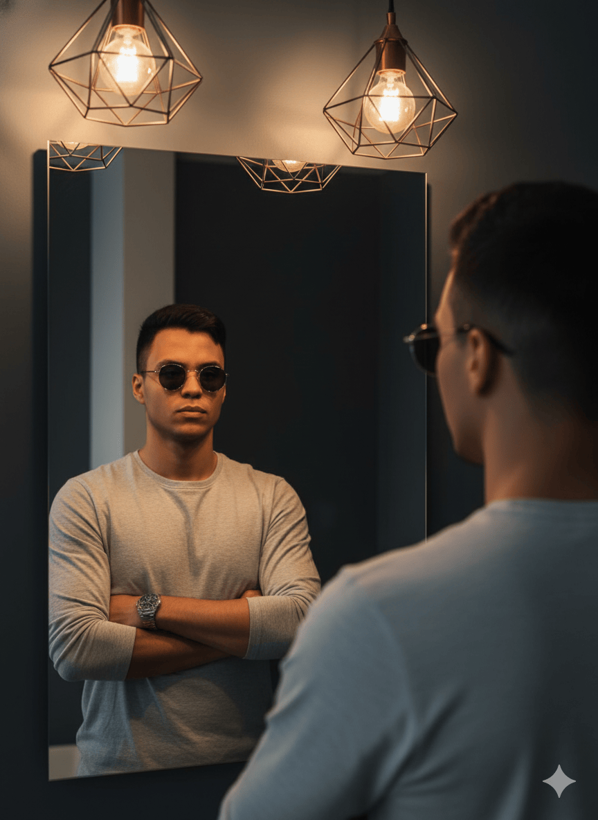  Prompt Editorial Espelho + Luz Geomtrica + Estilo Casual Urbano
