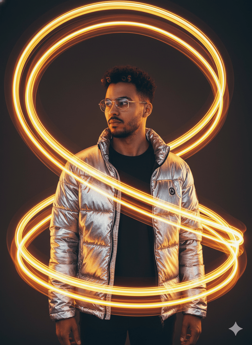 Prompt Editorial Retrato Masc. em Ambiente Escuro com Esttica de Luz Cintica e Moda Techwear