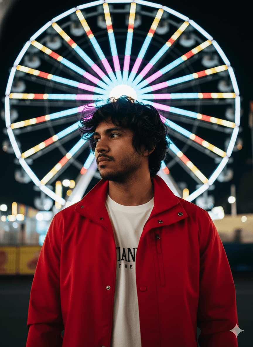  Prompt Editorial Retrato Masculino em Parque de Diverses Noturno com Esttica Festiva