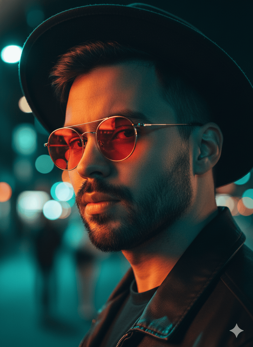  Prompt Editorial Retrato Noturno + culos Vermelhos + Luz Teal & Orange