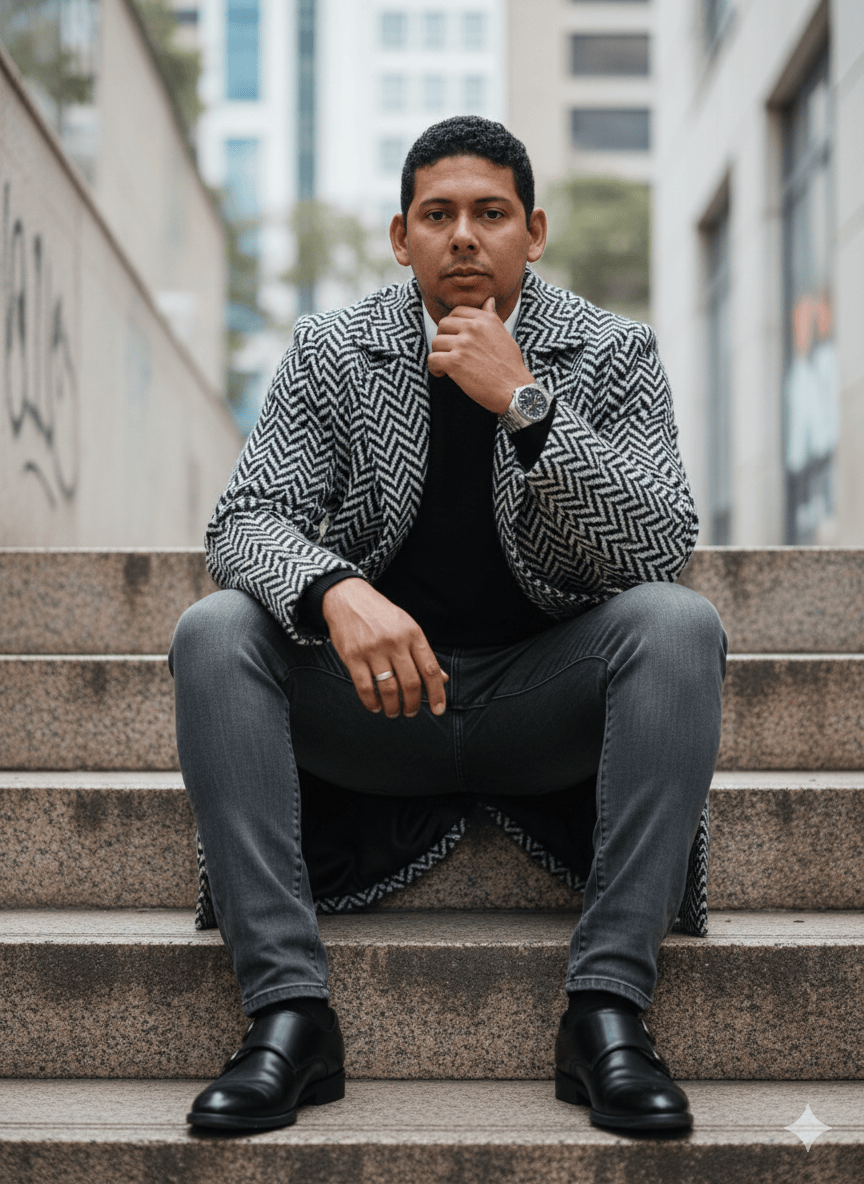 Retrato fotogrfico masculino em estilo editorial de moda urbana