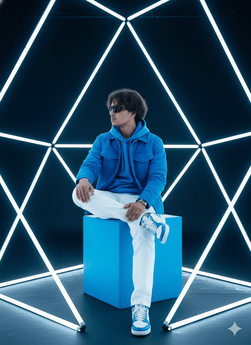 Retrato Masculino em Ambiente Neon com Esttica Futurista e Composio Geomtrica