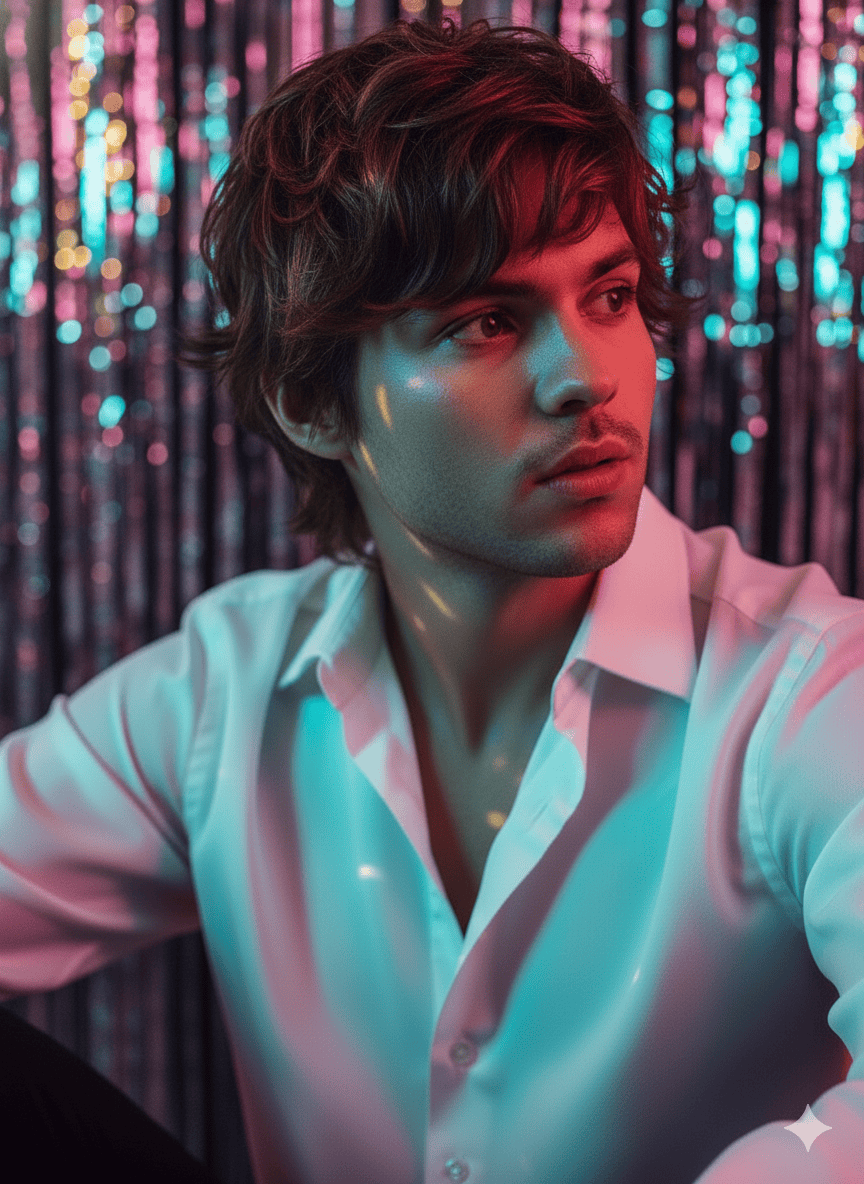 Retrato Masculino em Ambiente Noturno com Luzes Prismticas e Estilo Retr-Futurista