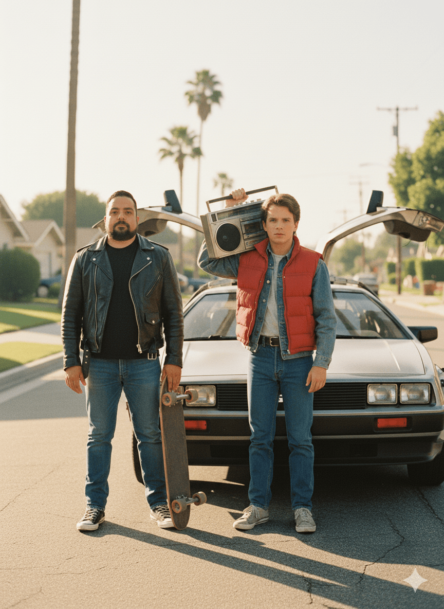 Retro de los aos 80, evocando el universo visual de Back to the Future