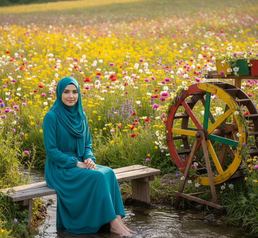Serene Floral Escape: Woman in Teal Enjoying a Vibrant Garden by a Colorful Water Wheel