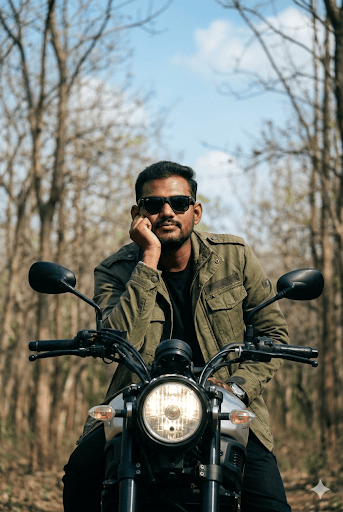 Sitting posture of a man on a Modern retro motorcycle