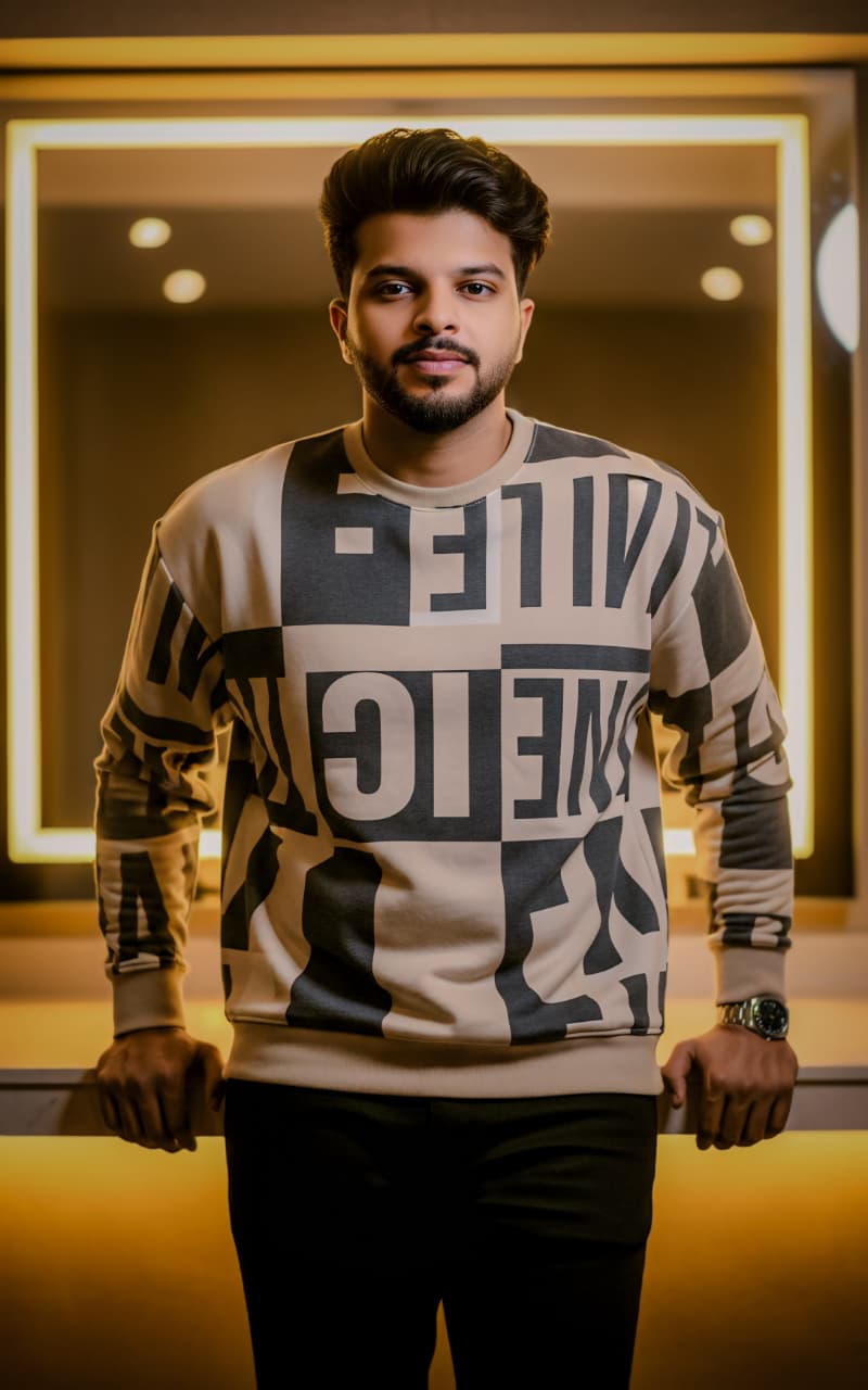 Standing indoors in a modern, warmly lit room.