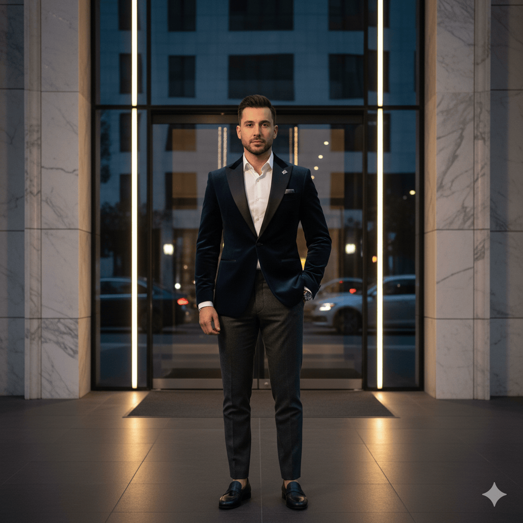 Stylish fashion man standing front of luxury apartments entrance