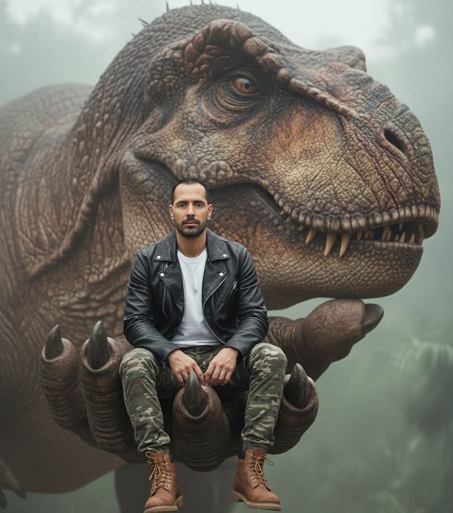 The Brave Man in the Dinosaur's Palm: A Cinematic Realistic Portrait in the Heart of the Jungle