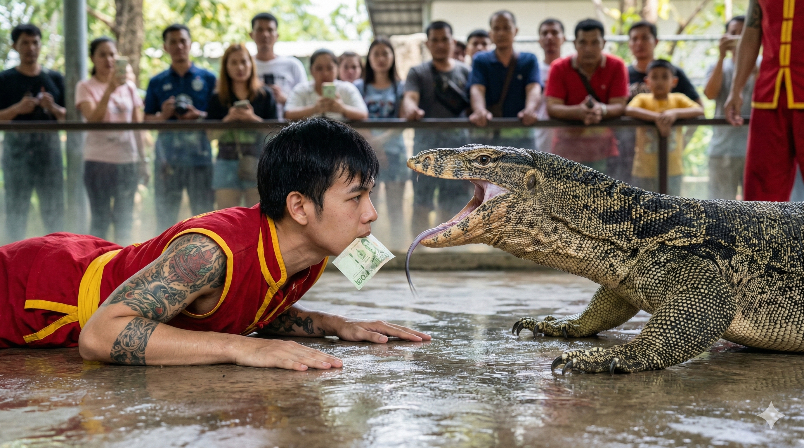 Thai reptile keeper performing a dangerous acrobatic act.