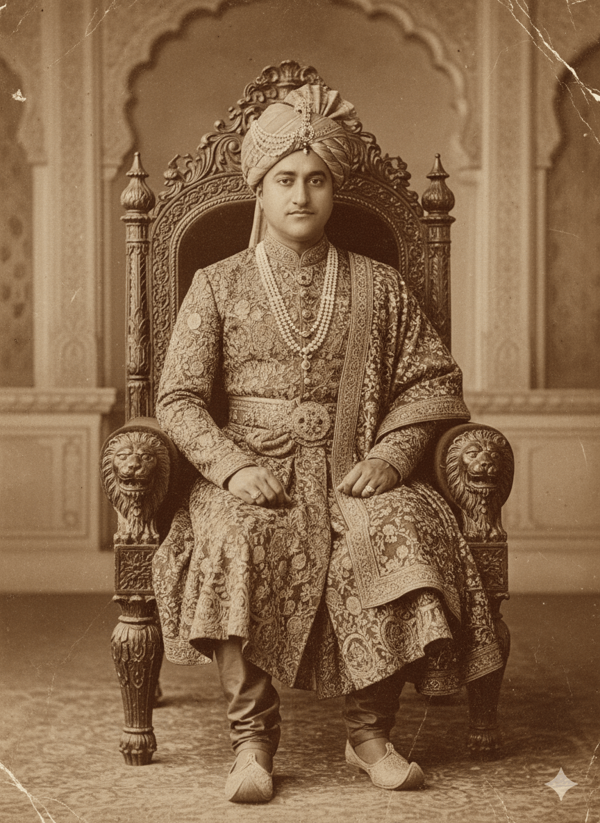 Throne-Seated Rajput King Fully Unified Vintage & Damaged 1800s Archival Look