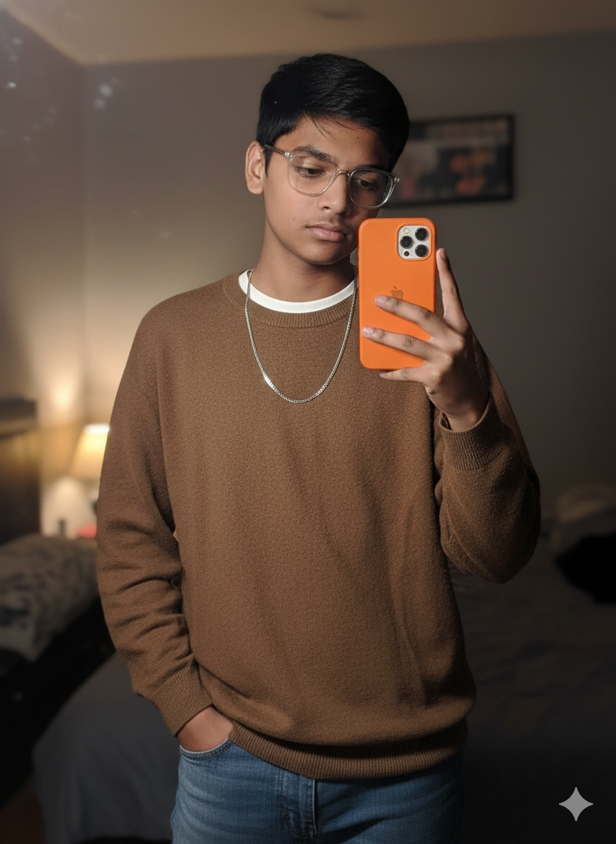 Ultra-realistic mirror selfie of a me (uploaded pic)with glasses. He is wearing a loose brown sweate