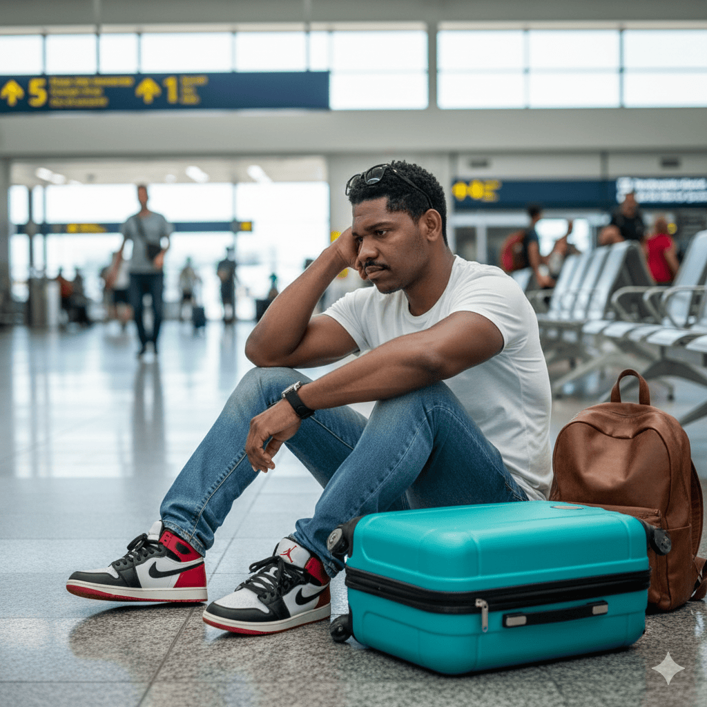 Um homem est sentado, desanimado, em um aeroporto, apoiada em sua mala turquesa.