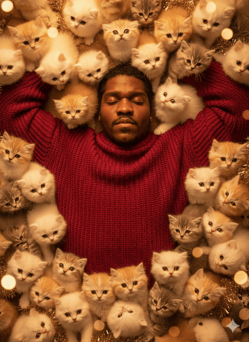 Uma pessoa rodeada por dezenas de gatinhos ultra fofos