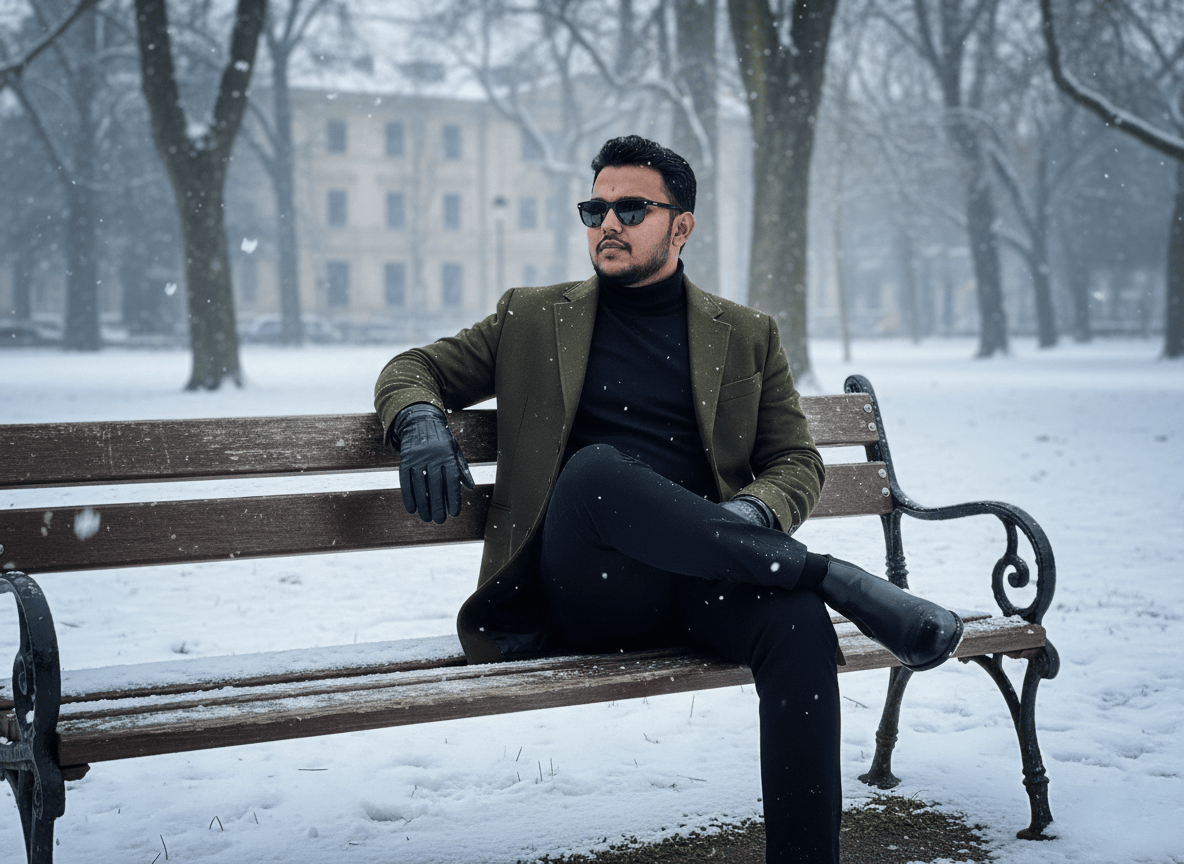 Vintage wooden bench in a winter park photoshoot.