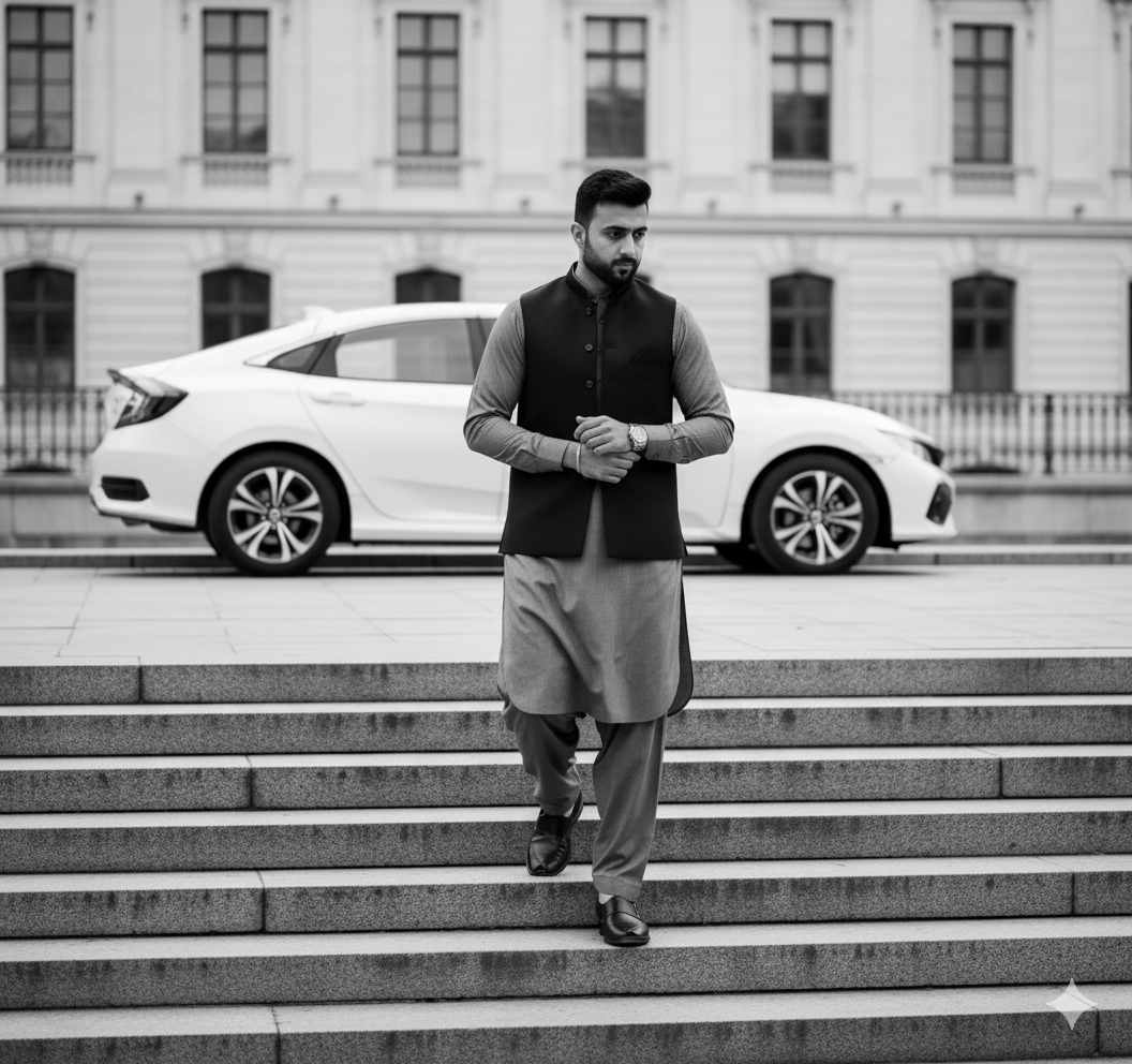 Walking person in Pakistani traditional shilwar kameez