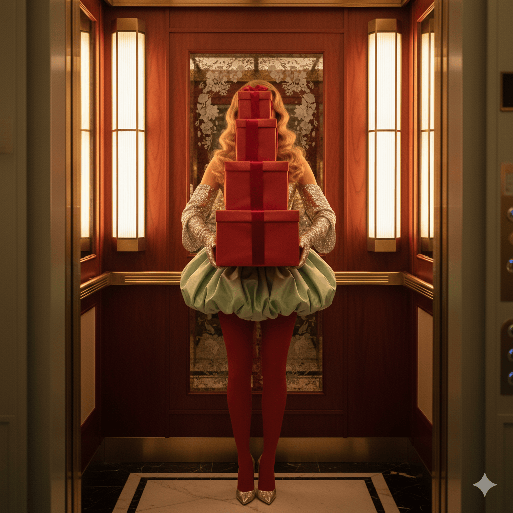 Woman with Christmas gifts in elevator