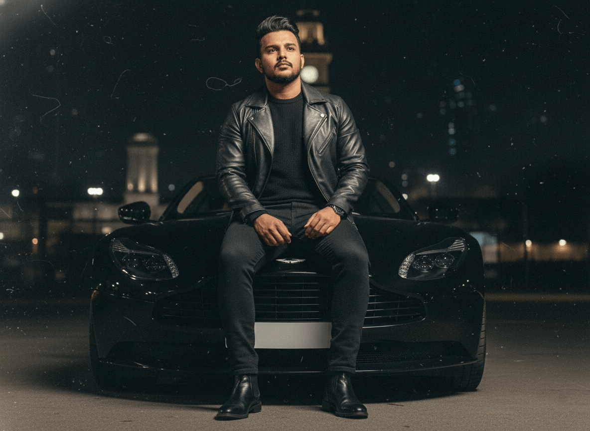 Young man sitting confidently on the hood of a luxury sports car.
